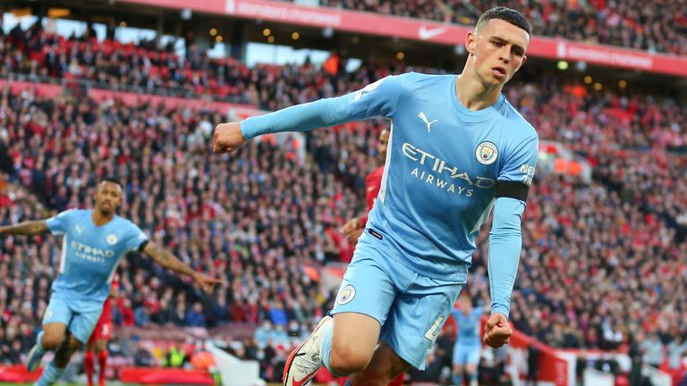 Phil Foden celebrates his equaliser against Liverpool