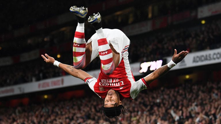 Pierre-Emerick Aubameyang celebrates scoring for Arsenal against Crystal Palace