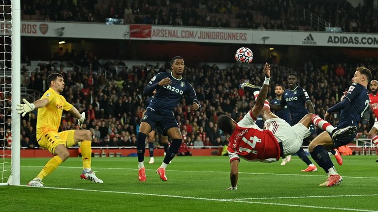 Pierre-Emerick Aubameyang tries a spectacular scissor-kick in the first half against Aston Villa
