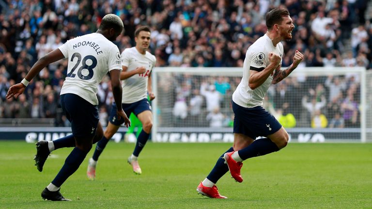 Tottenham&#39;s Pierre-Emile Hojbjerg celebrates after scoring his side&#39;s opening goal (AP)