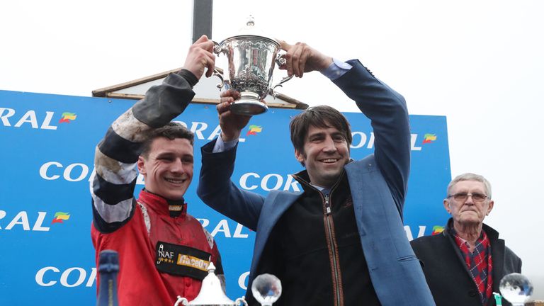 Jack Tudor celebrates his victory on Potters Corner in the 2019 Welsh National at Chepstow