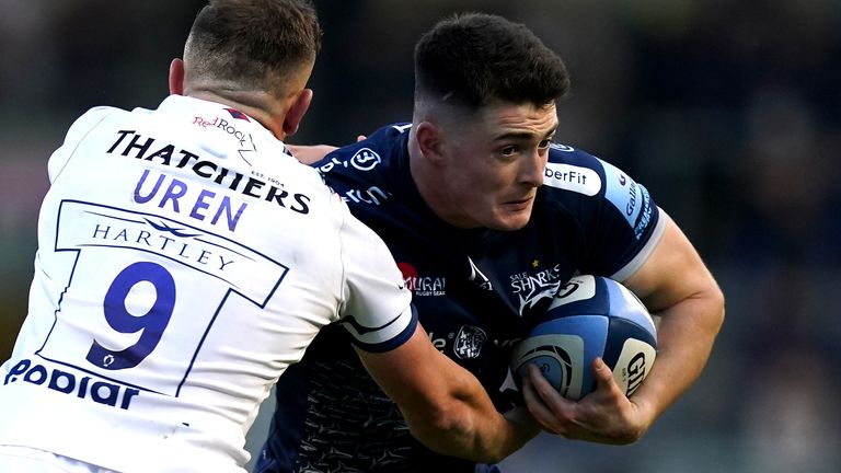 Sale Sharks' Raffi Quirke (right) is tackled by Bristol Bears' Andy Uren during the Gallagher Premiership match at the AJ Bell Stadium, Sale. Picture date: Friday May 28, 2021.