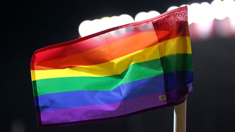 Close up of a rainbow corner flag 