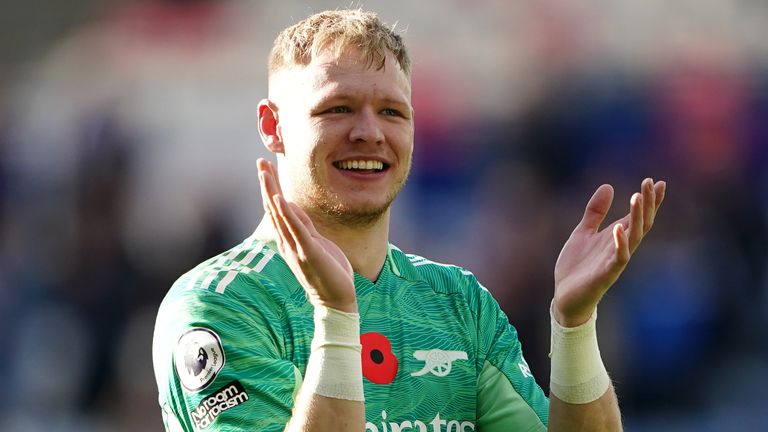 Arsenal goalkeeper Aaron Ramsdale salutes the fans after the Premier League match at the King Power Stadium, Leicester. Picture date: Saturday October 30, 2021.