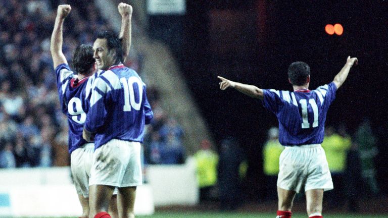 21/10/92 EUROPEAN CUP 2ND RND 1ST LEG.RANGERS v LEEDS UTD.IBROX - GLASGOW.Ally McCoist (9) Mark Hateley (10) and Ian Durrant (11) celebrate after Leeds goalkeeper John Lucic punched the ball into his own net to make it 1-1.