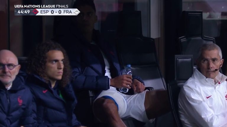 Raphael Varane was seen with ice on his right thigh after being withdrawn before half-time