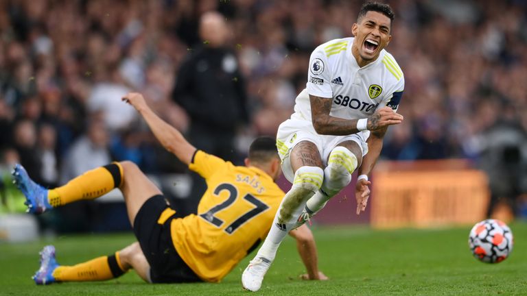 Raphinha was forced off injured as being on the receiving end of Romain Saiss' challenge.