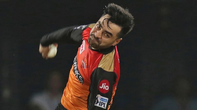 Rashid Khan of Sunrisers Hyderabad  during the VIVO IPL T20 cricket match Eliminator match  between Delhi Capitals and Sunrisers Hyderabad ACA-VDCA Stadium Visakhapatnam  India, Wednesday, May 8, 2019. (AP Photo/Surjeet Yadav)