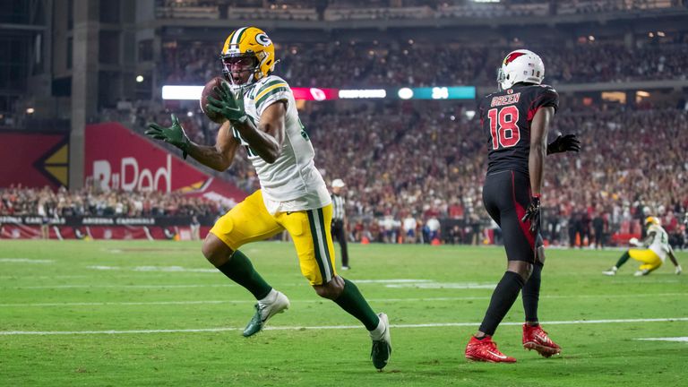 Cornerback Rasul Douglas of the Green Bay Packers intercepts aimed at AJ Green at the end of the game against the Arizona Cardinals