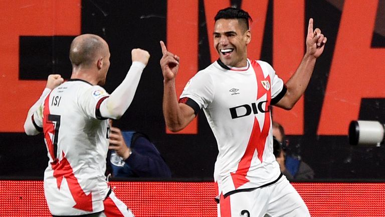 Radamel Falcao celebrates his goal for Rayo Vallecano