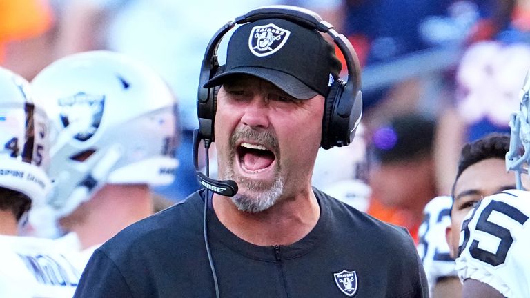 Las Vegas Raiders interim head coach Rich Bisaccia reacts to a play against the Las Vegas Raiders in the second half of an NFL  football game Sunday, Oct. 17, 2021, in Denver. (AP Photo/Bart Young)