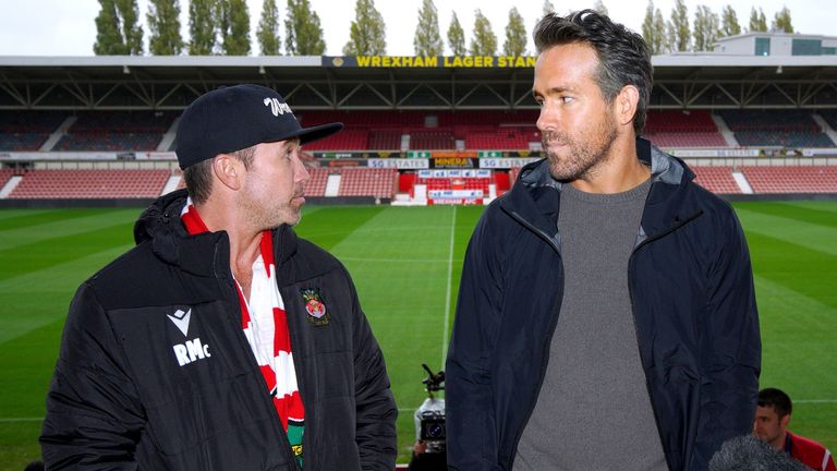 Wrexham co-chairmen Rob McElhenney and Ryan Reynolds during their first UK media appearance at the Racecourse ground.