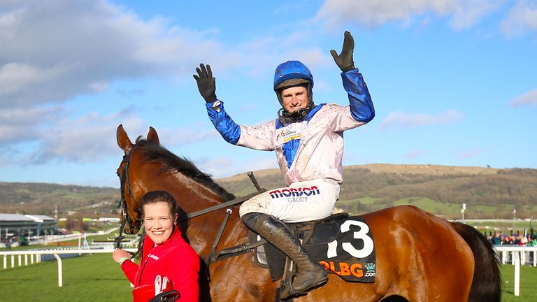 Jockey Harry Skelton celebrates after Roksana's victory in the 2019 Mares' Hurdle