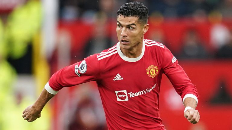 Manchester United's Cristiano Ronaldo controls the ball during the English Premier League soccer match between Manchester United and Everton, at Old Trafford, Manchester, England, Saturday, Oct. 2, 2021. (Dave Thompson, Pool via AP)