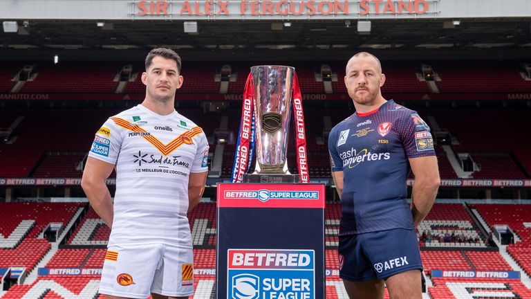 Picture by Allan McKenzie/SWpix.com - 08/10/2021 - Rugby League - Betfred Super League - Betfred Super League Grand Final Preview - Old Trafford, Manchester, England - Betfred Super League Grand Final captains - Catalan Dragon's Benjamin Garcia & St Helens's James Roby.