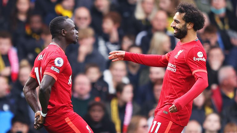 Sadio Mane celebrates his goal with teammate Mohamed Salah