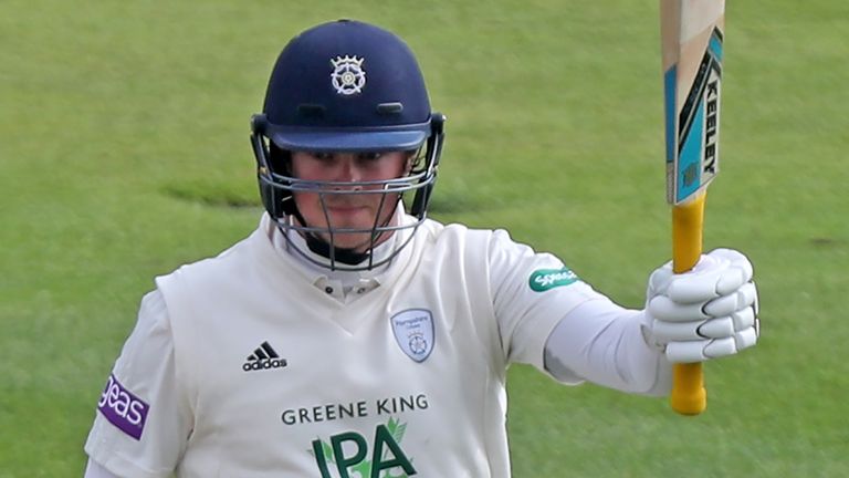 SOUTHAMPTON, ENGLAND - APRIL 06: Sam Northeast of Hampshire celebrates scoring a century of runs during the Specsavers County Championship match between Hampshire and Essex  on April 6, 2019 in Southampton, England. (Photo by Nick Wood/Getty Images)