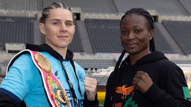 CHAMPIONSHIP BOXING PRESS CONFERENCE.ST,JAMES...S PARK,.NEWCASTLE.PIC;LAWRENCE LUSTIG.SAVANAH MARSHALL  AND LOLITA MUZEYA    COME FACE TO FACE BEFORE THEY MEET ON THE BOXXER PROMOTION AT THE UTILITA ARENA ON SATURDAY NIGHT (16-10-21).