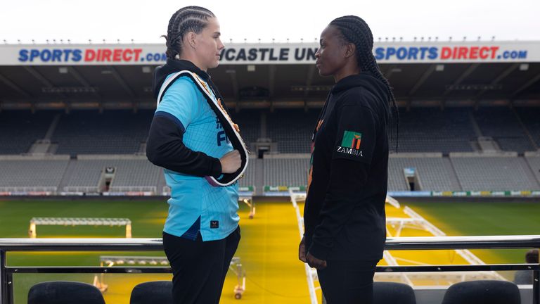 CHAMPIONSHIP BOXING PRESS CONFERENCE.ST,JAMES...S PARK,.NEWCASTLE.PIC;LAWRENCE LUSTIG.SAVANAH MARSHALL  AND LOLITA MUZEYA    COME FACE TO FACE BEFORE THEY MEET ON THE BOXXER PROMOTION AT THE UTILITA ARENA ON SATURDAY NIGHT (16-10-21).
