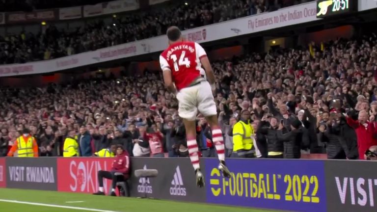Aubameyang celebrates after scoring Arsenal's second against Villa