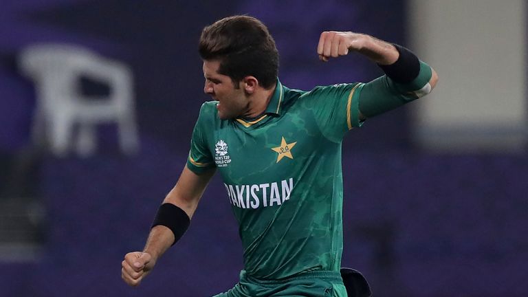 Pakistan's Shaheen Afridi celebrates the dismissal of India's Rohit Sharma during the Cricket Twenty20 World Cup match between India and Pakistan in Dubai