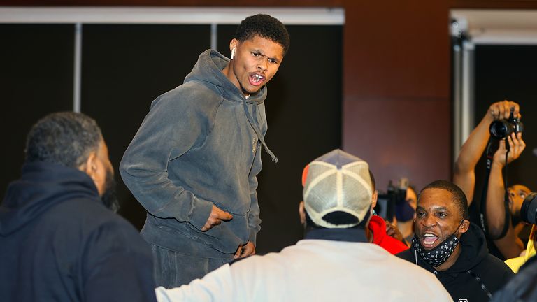 ATLANTA, GEORGIA - OCTOBER 21: Shakur Stevenson arguing after the press conference with Jamel Herring prior to their WBO world featherweight championship fight at Omni Atlanta Hotel at CNN Center on October 21, 2021 in Atlanta, Georgia.(Photo by Mikey Williams/Top Rank Inc via Getty Images)