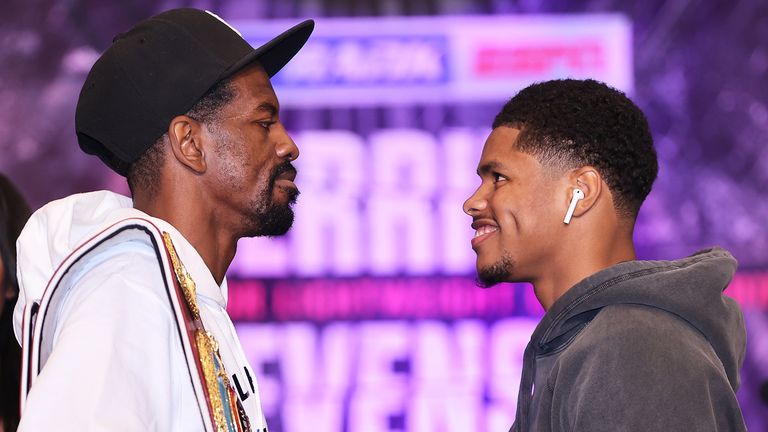 ATLANTA, GA - OCTOBER 21: Jamal Herring (left) and Shakur Stevenson (right) face off during the press conference before their fight in the WBO World Junior Lightweight Championships at the Omni San Diego Hotel on October 21, 2021 in Atlanta, Georgia.  Photo by Mickey Williams/Top Rank Inc via Getty Images