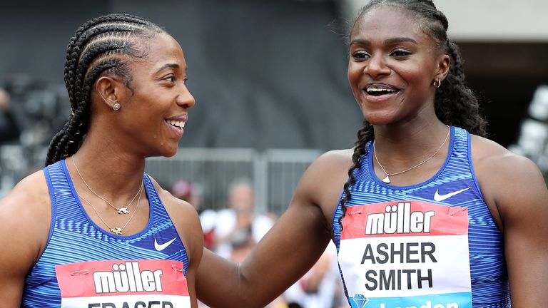 Jamaica's Shelly-Ann Fraser-Pryce and Great Britain's Dina Asher-Smith react after taking gold and silver in the Women's 100m final during day two of the IAAF London Diamond League meet at the London Stadium. PRESS ASSOCIATION Photo. Picture date: Sunday July 21, 2019. See PA story ATHLETICS London. Photo credit should read: Martin Rickett/PA Wire. RESTRICTIONS: Editorial use only. No commercial use.