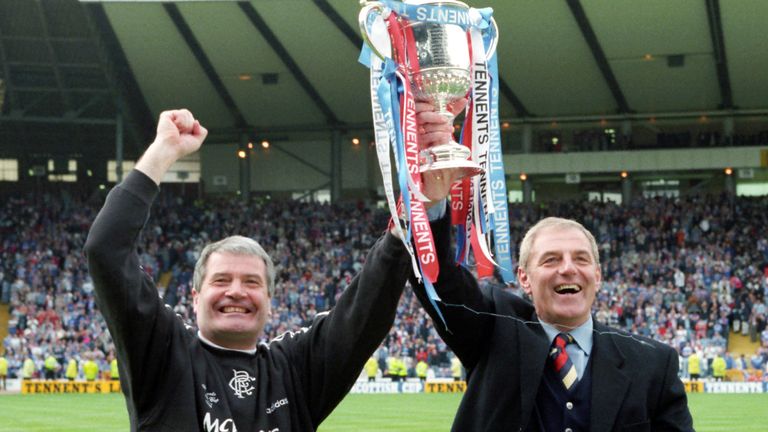 18/05/96 TENNENT'S SCOTTISH CUP FINAL.RANGERS V HEARTS (5-1).HAMPDEN - GLASGOW.Rangers manager Walter Smith (right) and assistant Archie Knox celebrate with the Scottish Cup.