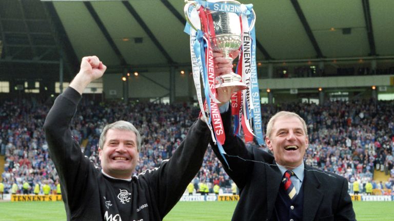 18/05/96 TENNENT&#39;S SCOTTISH CUP FINAL.RANGERS V HEARTS (5-1).HAMPDEN - GLASGOW.Rangers manager Walter Smith (right) and assistant Archie Knox celebrate with the Scottish Cup.