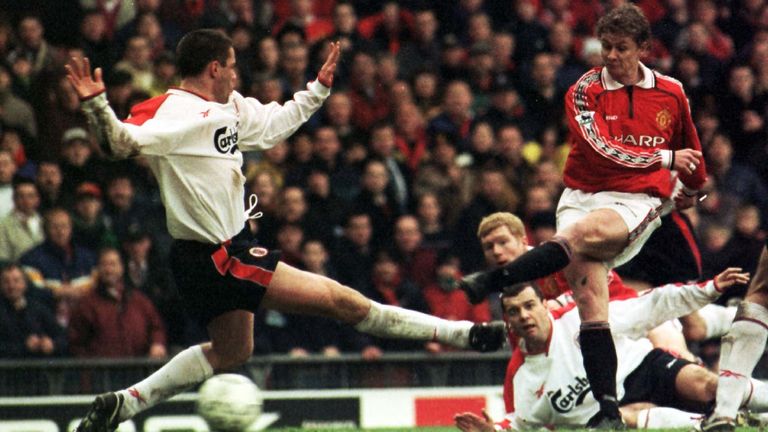 Solskjaer described this as his favourite moment in Man Utd matches against Liverpool, scoring a last-gasp winner in the FA Cup in January 1999, slotting his finish through the legs of Jamie Carragher