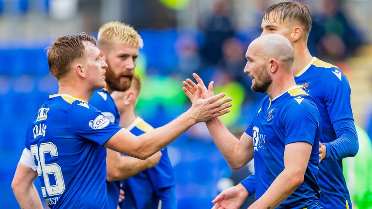 PERTH, SCOTLAND - OCTOBER 02: St Johnstone's Chris Kane celebrates with Laim Craig after scoring to make it 2-0 during the cinch Premiership match between St Johnstone and Dundee at McDiarmid Park on October 02, 2021, in Perth, Scotland. (Photo by Roddy Scott / SNS Group)