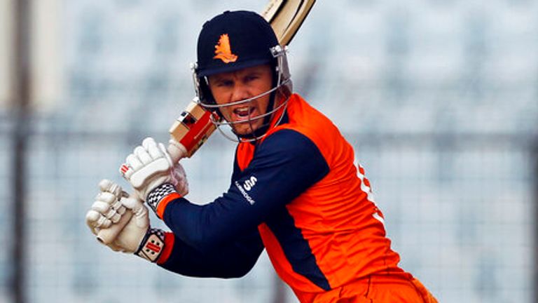 Netherlands&#39; Stephan Myburgh plays a shot during the ICC Twenty20 Cricket World Cup match against England in Chittagong, Bangladesh, Monday, March 31, 2014