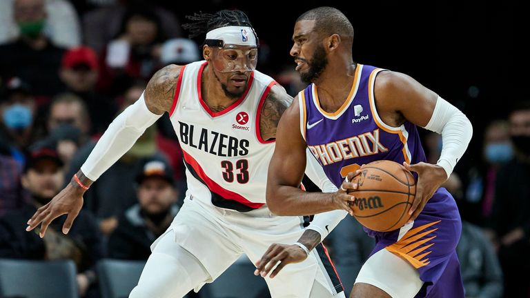 Phoenix Suns guard Chris Paul is defended by Portland Trail Blazers forward Robert Covington
