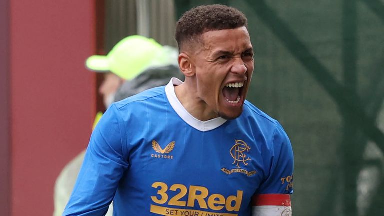 Rangers&#39; James Tavernier celebrates scoring their side&#39;s first goal of the game during the cinch Premiership match at Fir Park, Motherwell. Picture date: Sunday October 31, 2021.