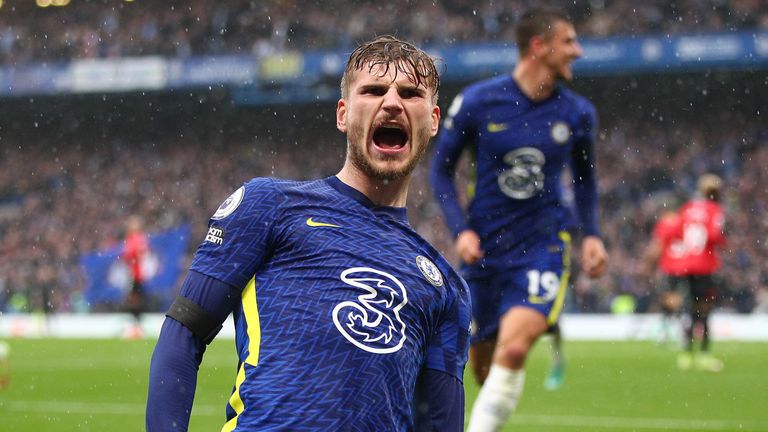 Timo Werner slides to his knees to celebrate Chelsea's second