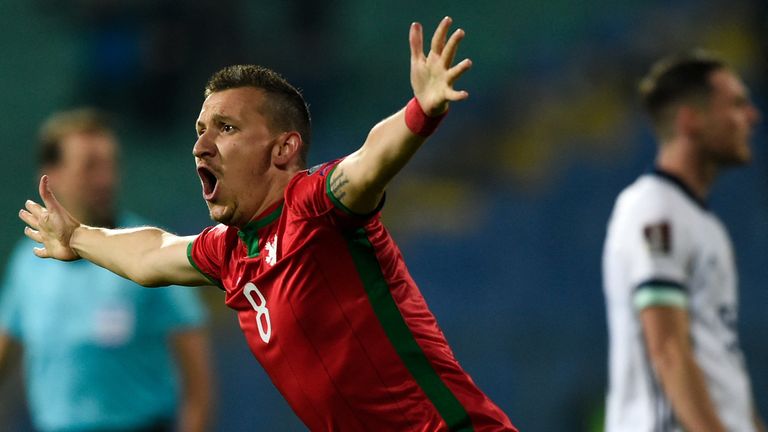 Bulgaria's midfielder Todor Nedelev celebrates scoring vs Northern Ireland 