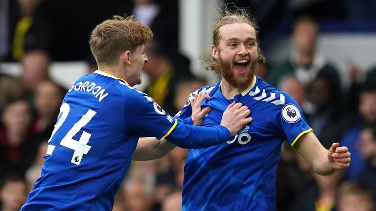 Everton's Tom Davies (right) celebrates scoring their side's first goal of the game