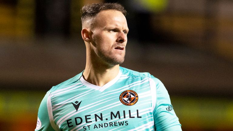 Trevor Carson in action for Dundee United during a Premier Sports Cup Quarter Final Match Between Dundee Utd and Hibs  at Tannadice Stadium on September 23, 2021, in Dundee, Scotland.  