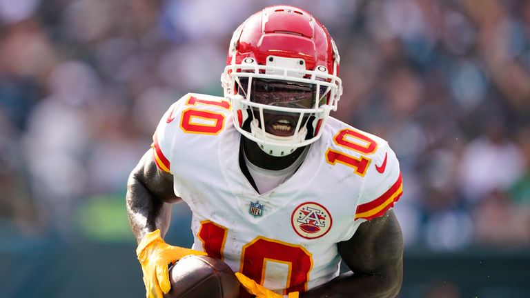 Kansas City Chiefs wide receiver Tyreek Hill in action durning an NFL football game against the Philadelphia Eagles on Sunday, Oct. 3, 2021, in Philadelphia. (AP Photo/Matt Rourke)