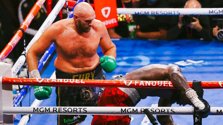 Tyson Fury knocks out Deontay Wilder during their WBC Heavyweight World Championship fight at T-Mobile Arena in Las Vegas Saturday, Oct. 9, 2021. WADE VANDERVORT