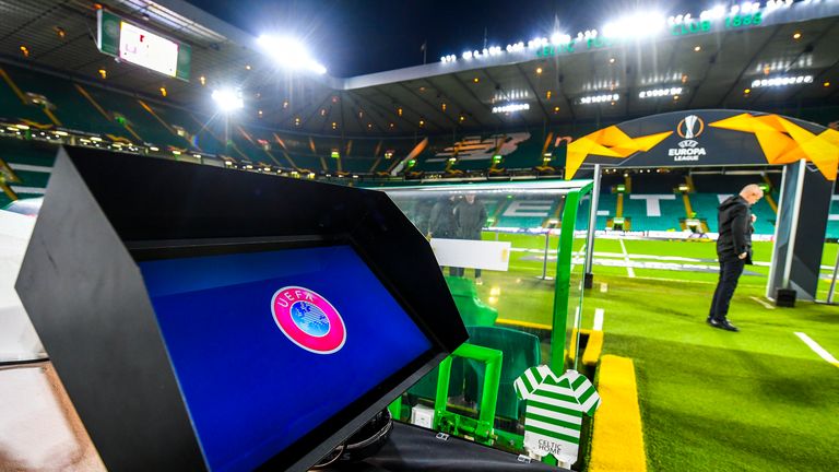 VAR Technology during the Europa League Round of 32, 2nd Leg match between Celtic and FC Copenhagen at Celtic Park