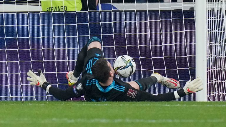 Wale&#39;s goalkeeper Danny Ward scores an own goal during the World Cup 2022 group E qualifying soccer match between Czech Republic and Wales, at the Sinobo stadium in Prague, Czech Republic, Friday, Oct. 8, 2021. (AP Photo/Petr David Josek)