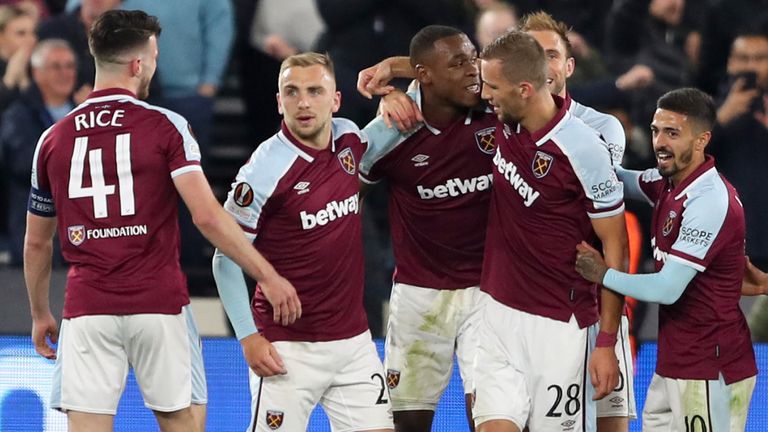 Issa Diop celebrates scoring for West Ham vs Genk