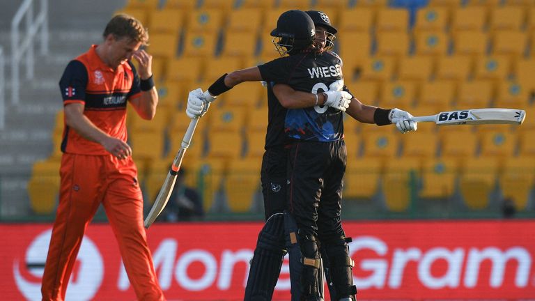 JJ Smit and Wiese celebrate after guiding Namibia to a stunning six-wicket win