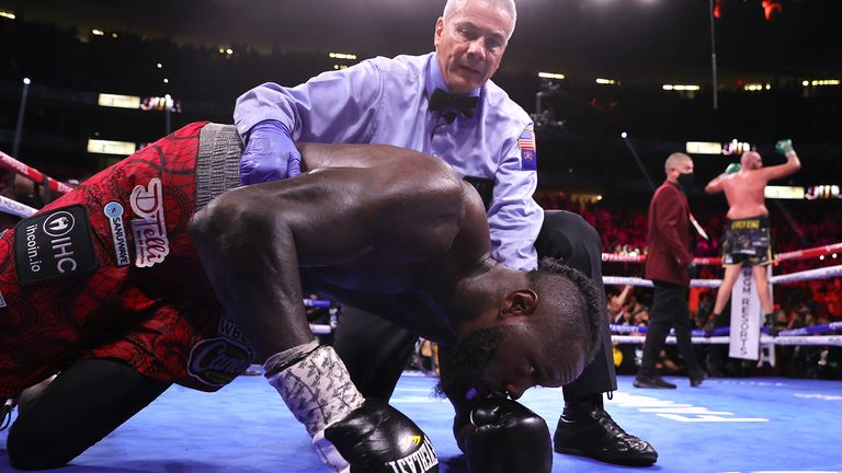 LAS VEGAS, NEVADA - OCTOBER 09: Tyson Fury (R) knocksout Deontay Wilder (L) during their fight for the WBC heavyweight championship at T-Mobile Arena on October 09, 2021 in Las Vegas, Nevada. (Photo by Mikey Williams/Top Rank Inc via Getty Images)