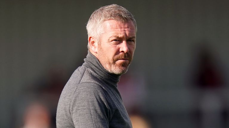 Everton Women's manager Willie Kirk prior to kick-off before the FA Women's Super League match at Meadow Park, Borehamwood. Picture date: Sunday October 10, 2021.