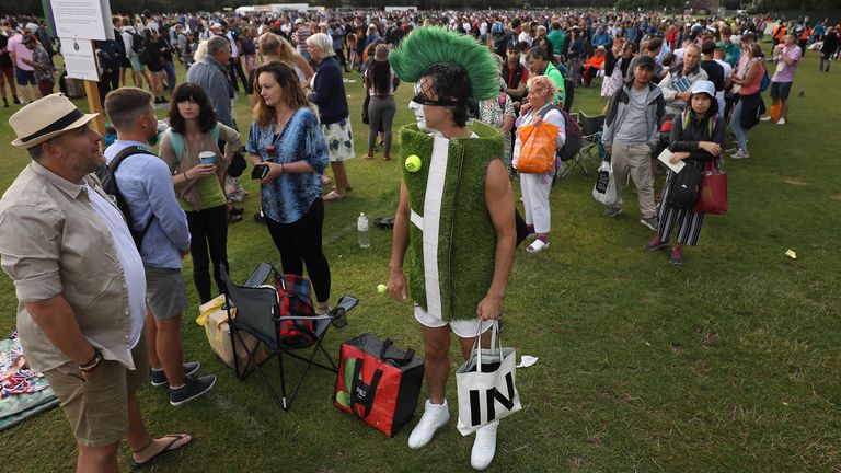 Chris Fava from America in the queue in Wimbledon Park on day seven of the Wimbledon Championships at the All England Lawn Tennis and Croquet Club, London.