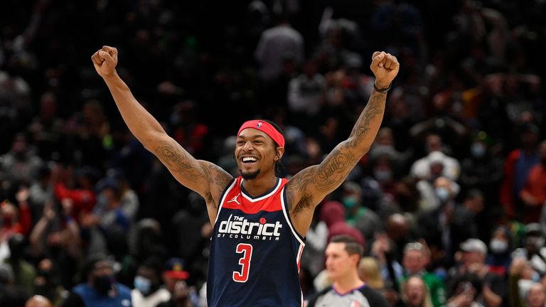 Washington Wizards guard Bradley Beal (3) reacts after an NBA basketball game against the Boston Celtics, Saturday, Oct. 30, 2021, in Washington. The Wizards won 115-112 in double overtime. (AP Photo/Nick Wass)


