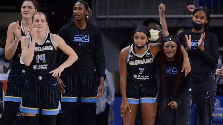 The Chicago Sky bench looks on during the final seconds of their 86-83 Game 3 win against the Connecticut Sun